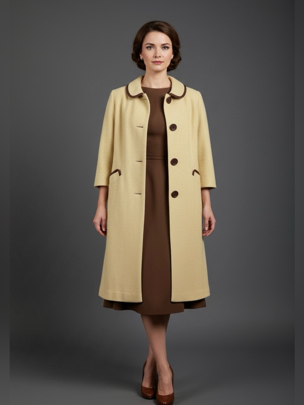 50s 60s Cream & Brown Mid Weight Swing Coat / Small Medium